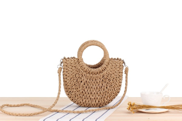 Straw Summer Bag with Round Handle and a Strap - SunsetFashionLA