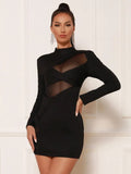 Terina Long Sleeve Mesh Turtleneck Bandage Dress - SunsetFashionLA