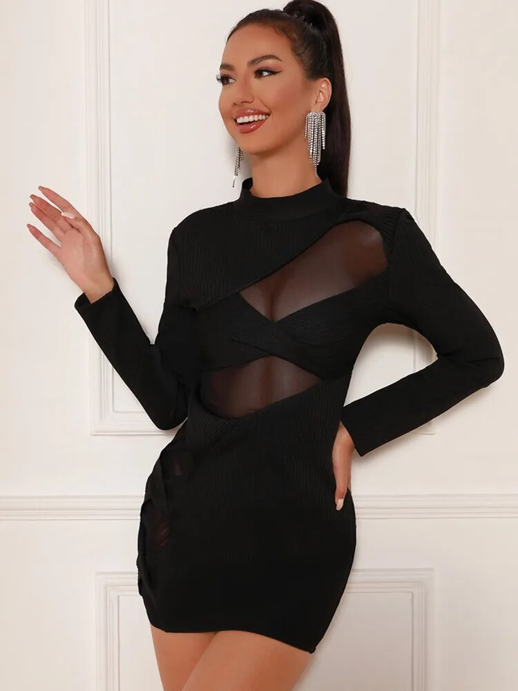 Terina Long Sleeve Mesh Turtleneck Bandage Dress - SunsetFashionLA