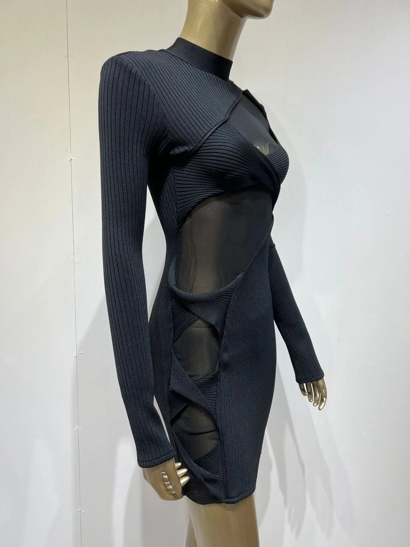 Terina Long Sleeve Mesh Turtleneck Bandage Dress - SunsetFashionLA