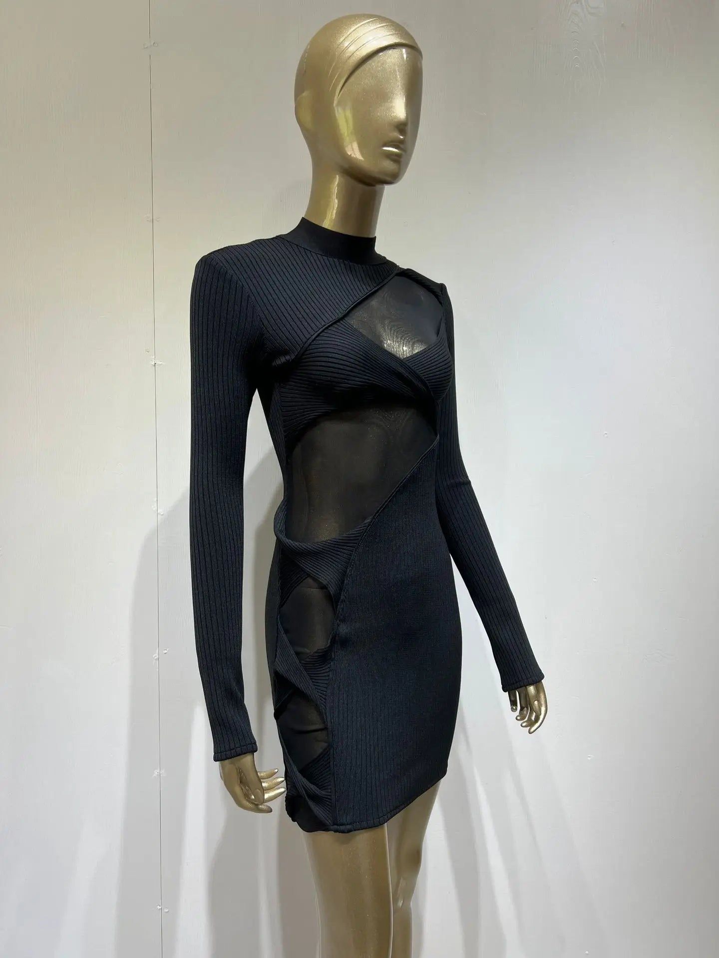 Terina Long Sleeve Mesh Turtleneck Bandage Dress - SunsetFashionLA
