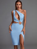 Tinley One Shoulder Cut Out Rhinestone Bandage Dress - SunsetFashionLA
