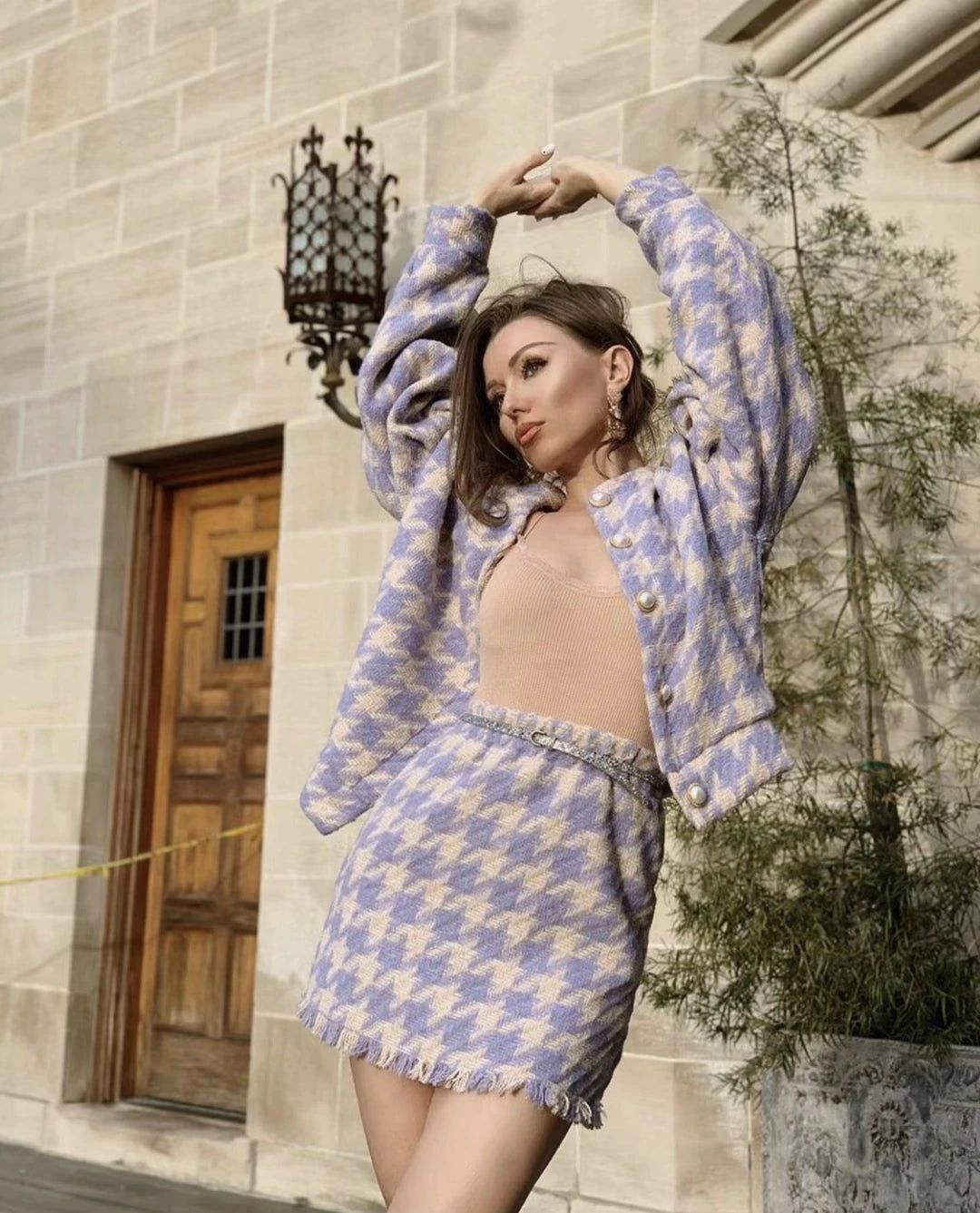 Tyra Houndstooth Blazer and Skirt Two Piece Set - SunsetFashionLA