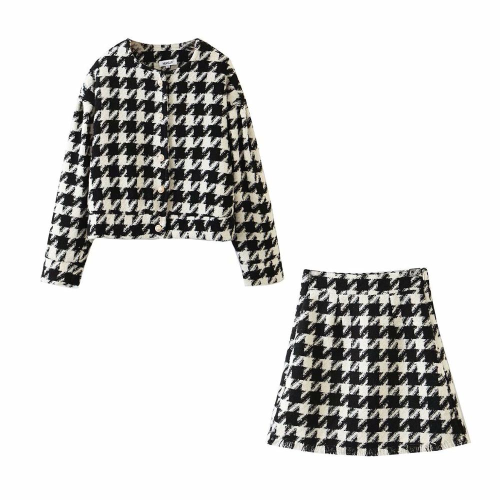 Tyra Houndstooth Blazer and Skirt Two Piece Set - SunsetFashionLA