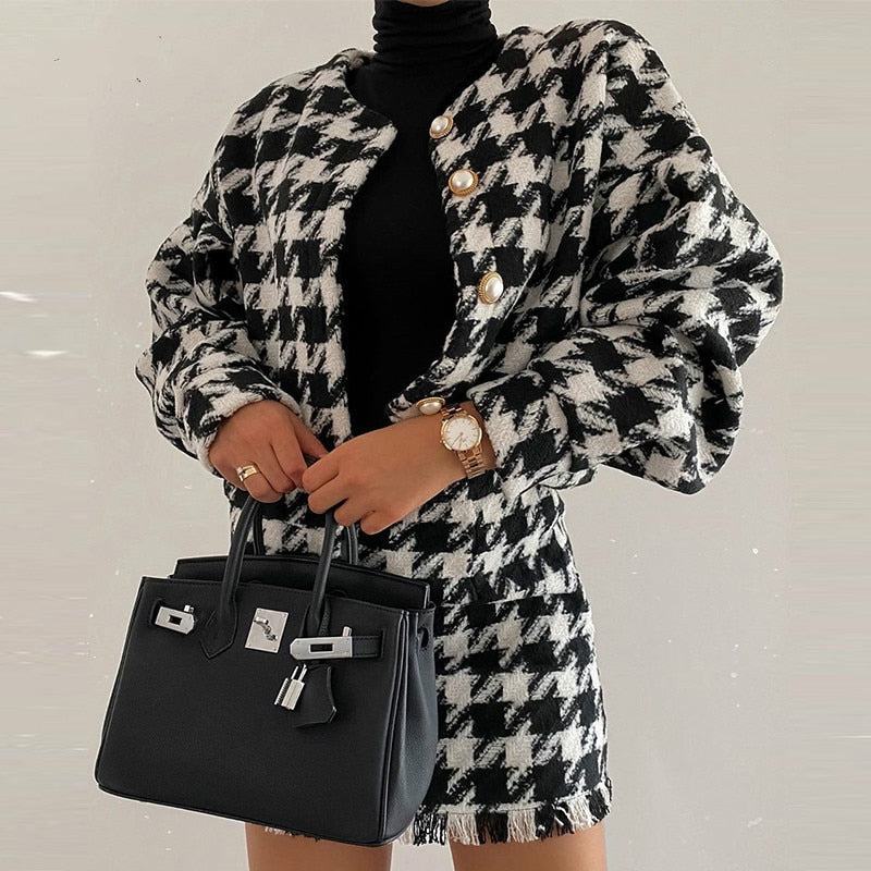 Tyra Houndstooth Blazer and Skirt Two Piece Set - SunsetFashionLA