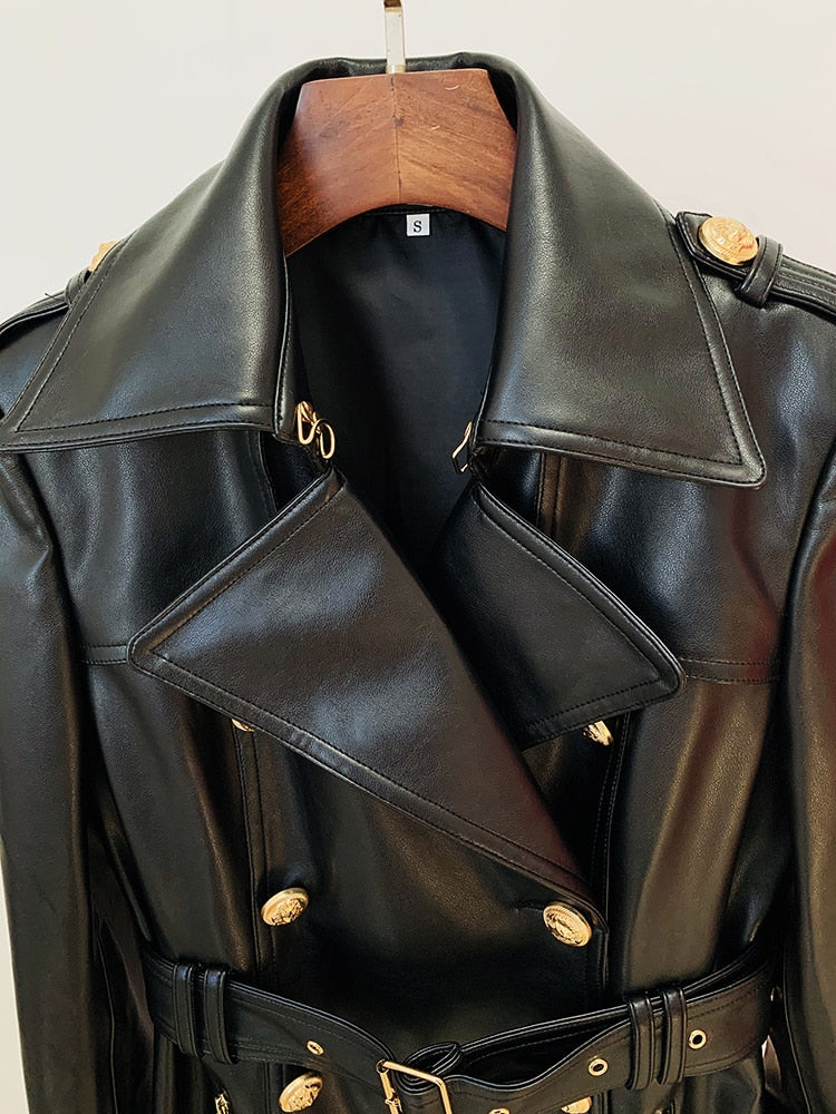 Vegan Leather Double Breasted Trench Coat - SunsetFashionLA