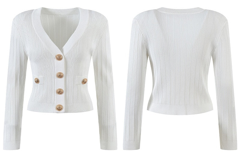 Vida V-neck Knit Cardigan with Gold Buttons - SunsetFashionLA