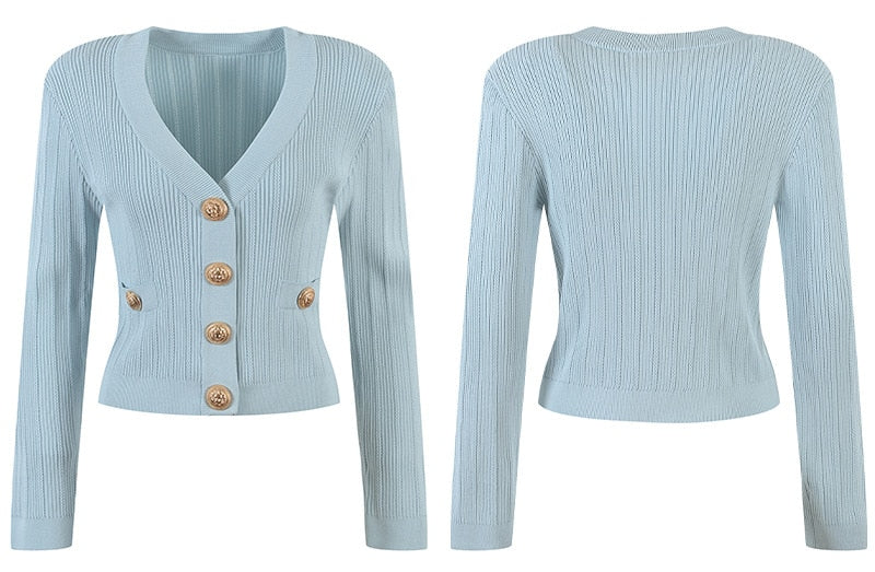 Vida V-neck Knit Cardigan with Gold Buttons - SunsetFashionLA