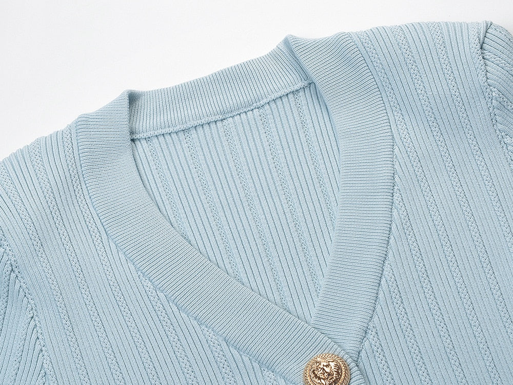 Vida V-neck Knit Cardigan with Gold Buttons - SunsetFashionLA