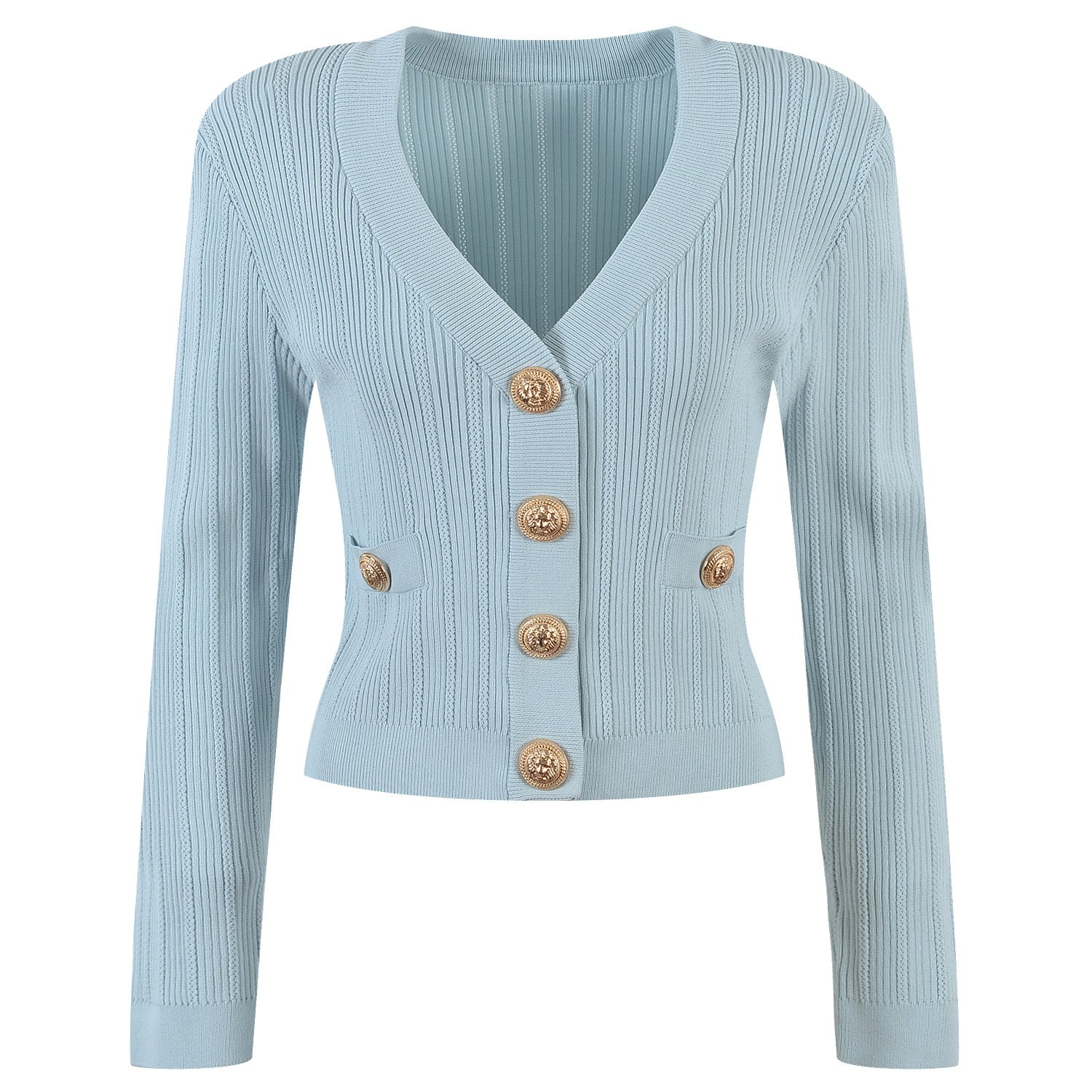 Vida V-neck Knit Cardigan with Gold Buttons - SunsetFashionLA