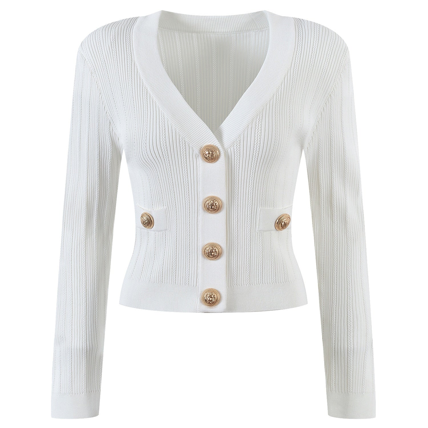 Vida V-neck Knit Cardigan with Gold Buttons - SunsetFashionLA