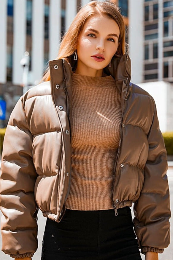 Windbreaker Crop Padded Vegan Leather Jacket - SunsetFashionLA