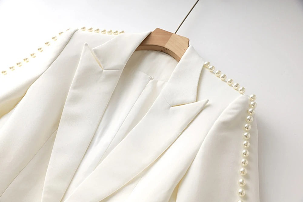 White Pants and Blazer with Pearls Two Piece Set