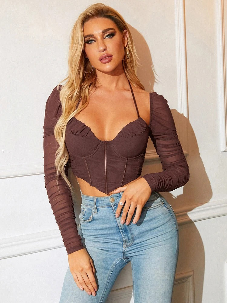 Maggie Mesh Halter Long Sleeve Crop Top