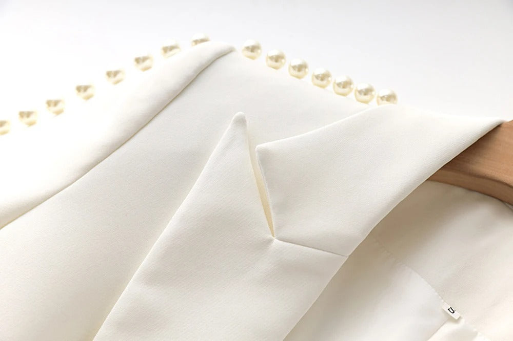 White Pants and Blazer with Pearls Two Piece Set