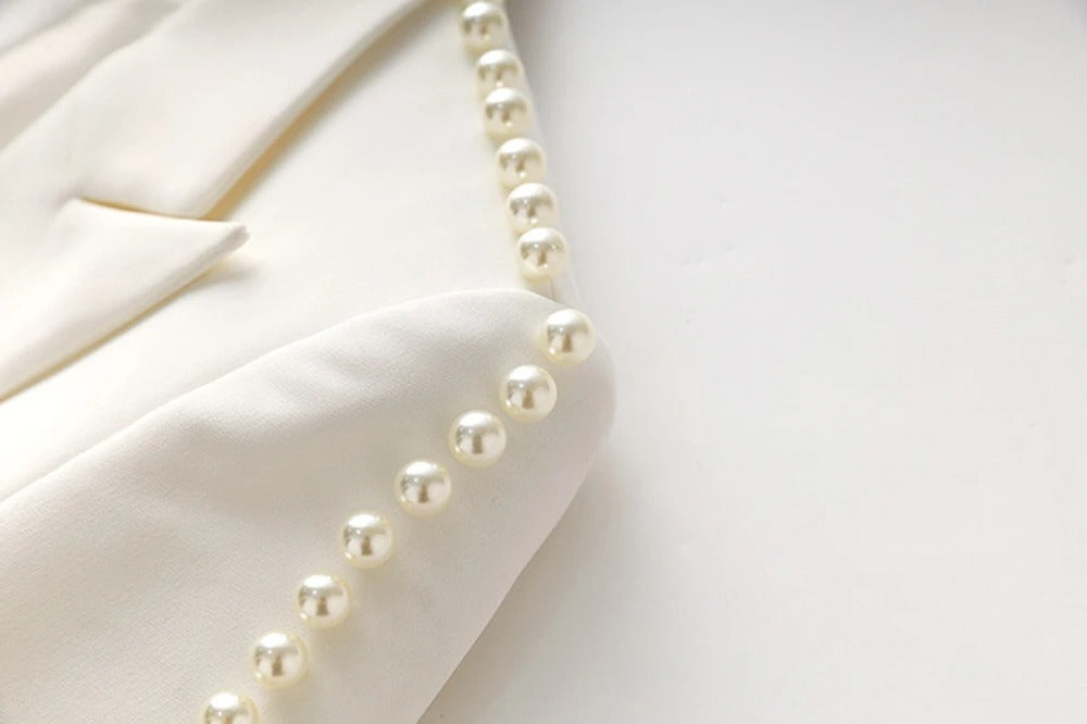 White Pants and Blazer with Pearls Two Piece Set