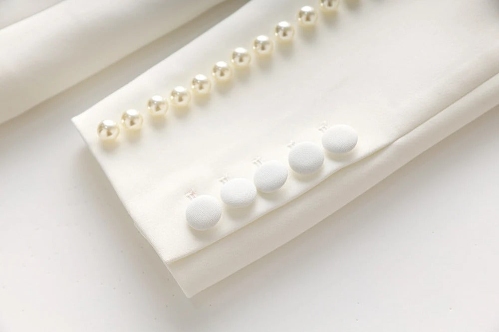 White Pants and Blazer with Pearls Two Piece Set