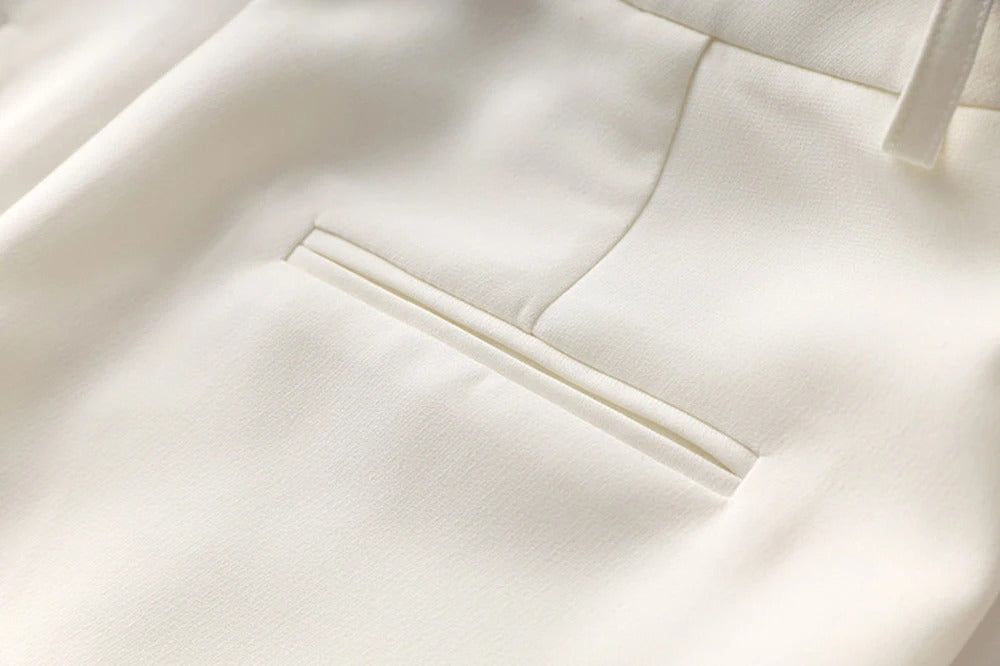 White Pants and Blazer with Pearls Two Piece Set