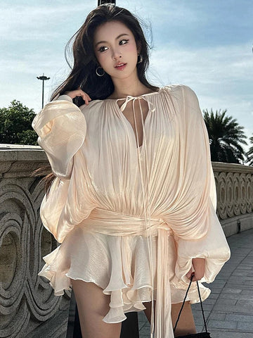 Sally Lace Up Lantern Sleeves Chiffon Dress