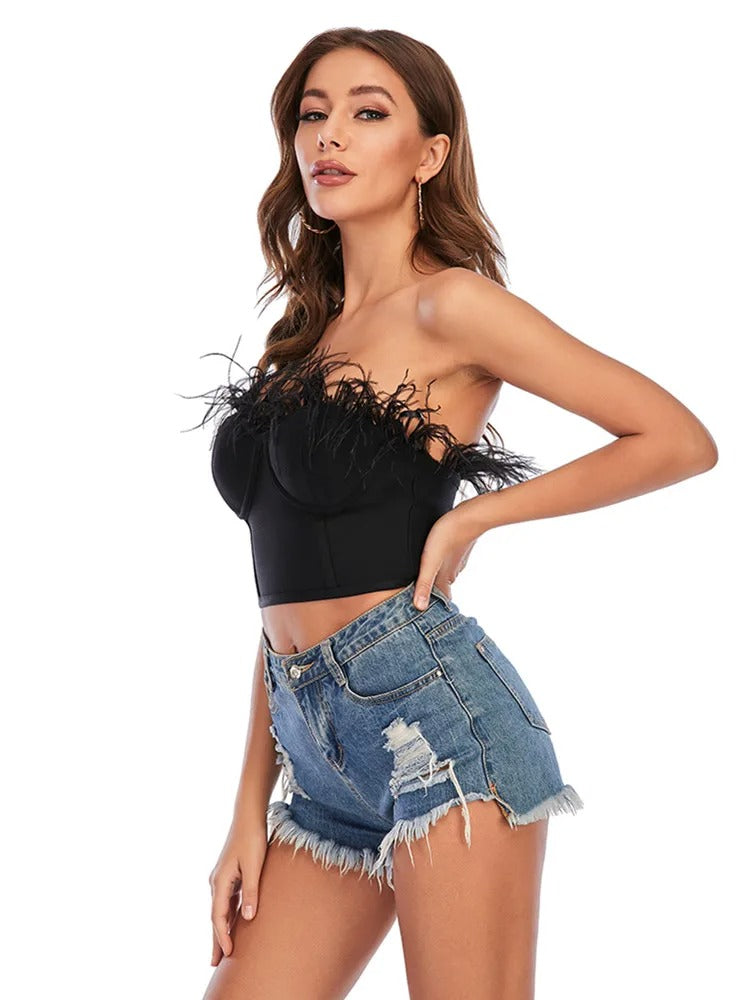 Feather Strapless Bandage Crop Top