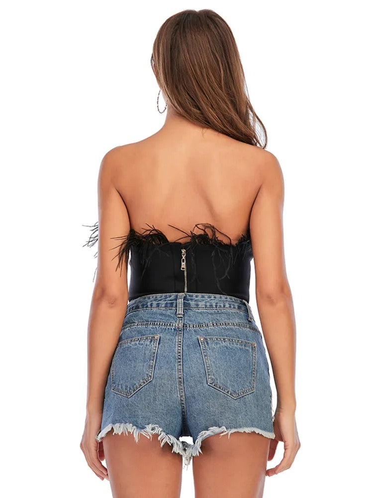 Feather Strapless Bandage Crop Top