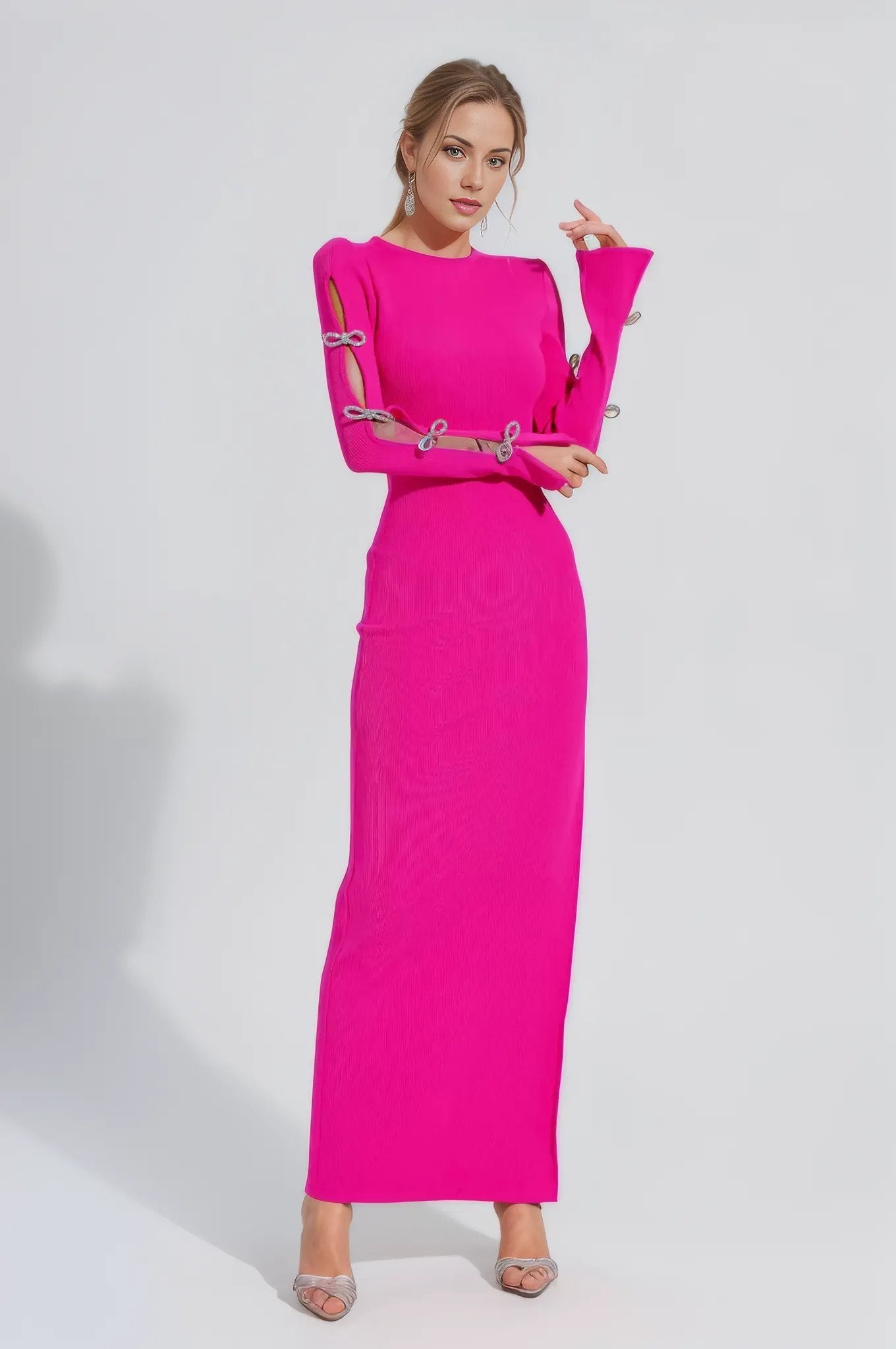 pink cut out dress long sleeve Surplice Ruched Cutout Long Sleeve Mini Dress Hot Pink / L