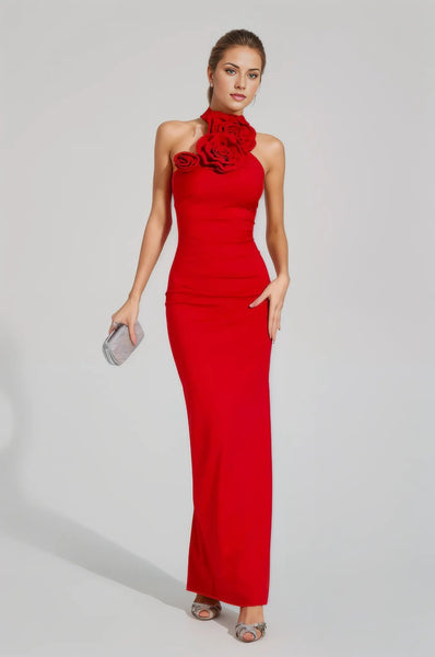 Red - Bonnie Halter Ruched 3D Flowers Gown Dress SunsetFashionLA Red - Bonnie Halter Ruched 3D Flowers Gown Dress SunsetFashionLA