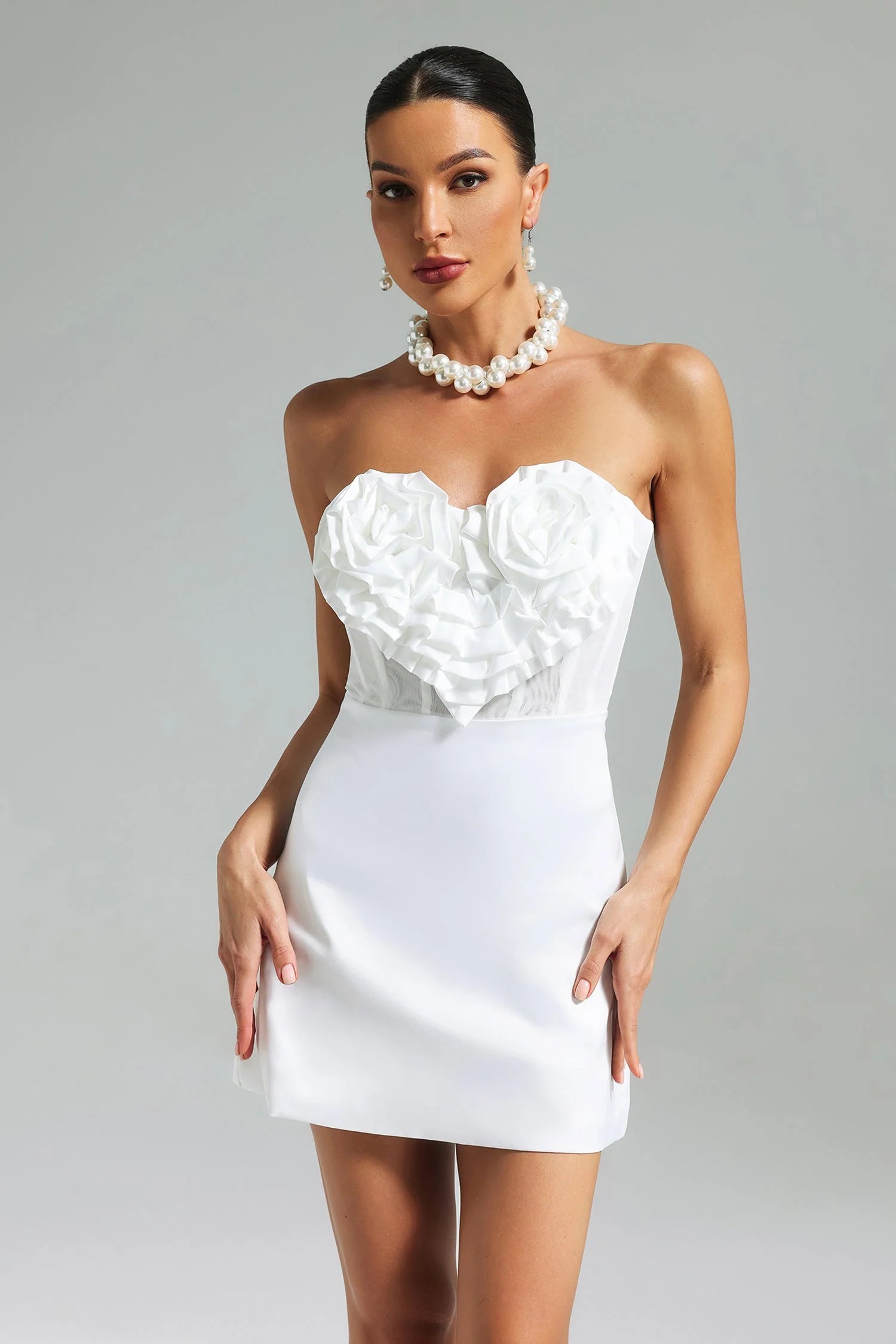 White - Ellora Satin Strapless Mesh Corset Heart Dress SunsetFashionLA White - Ellora Satin Strapless Mesh Corset Heart Dress SunsetFashionLA