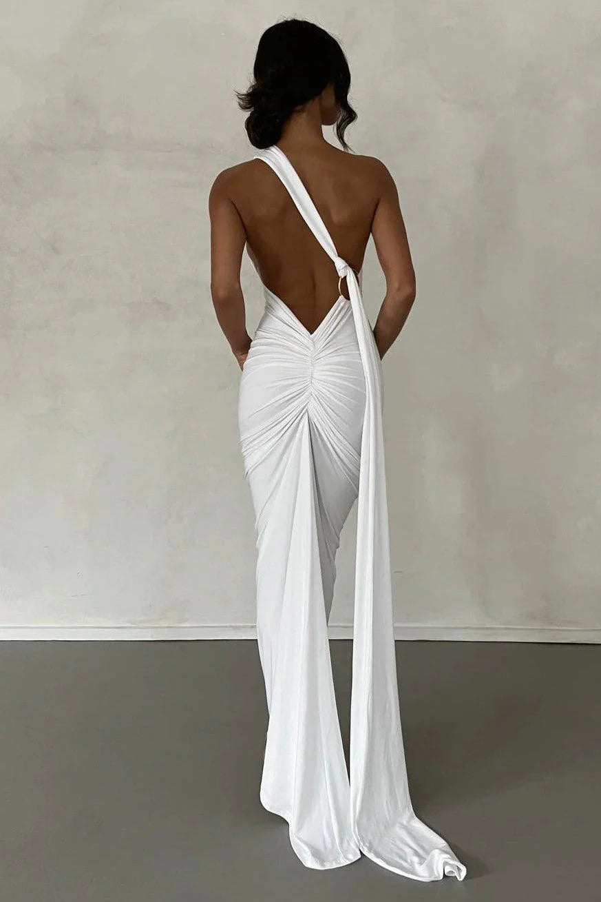 White - Galadriel One Shoulder Backless Gown Dress White - Galadriel One Shoulder Backless Gown Dress