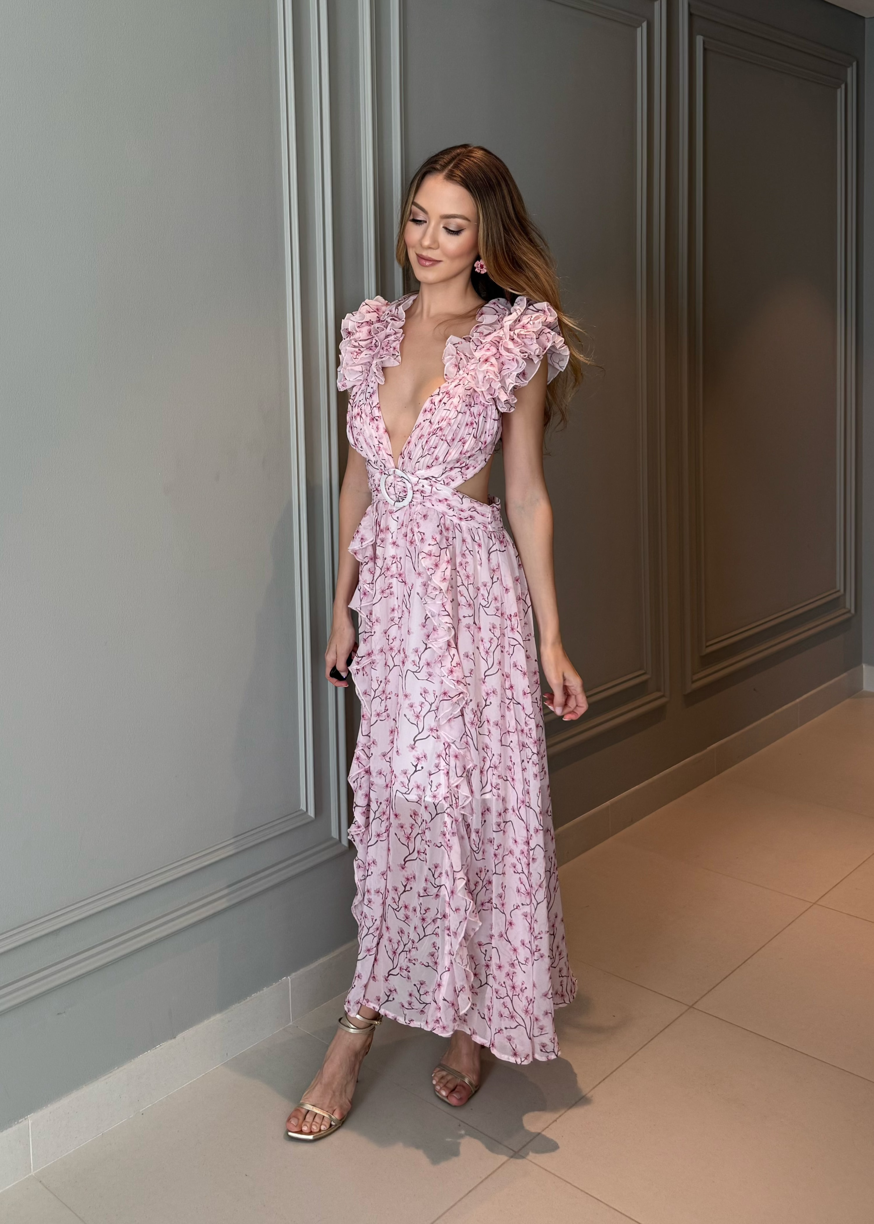 Pink - Valentina Cut Out Ruffle Floral Dress SunsetFashionLA Pink - Valentina Cut Out Ruffle Floral Dress SunsetFashionLA