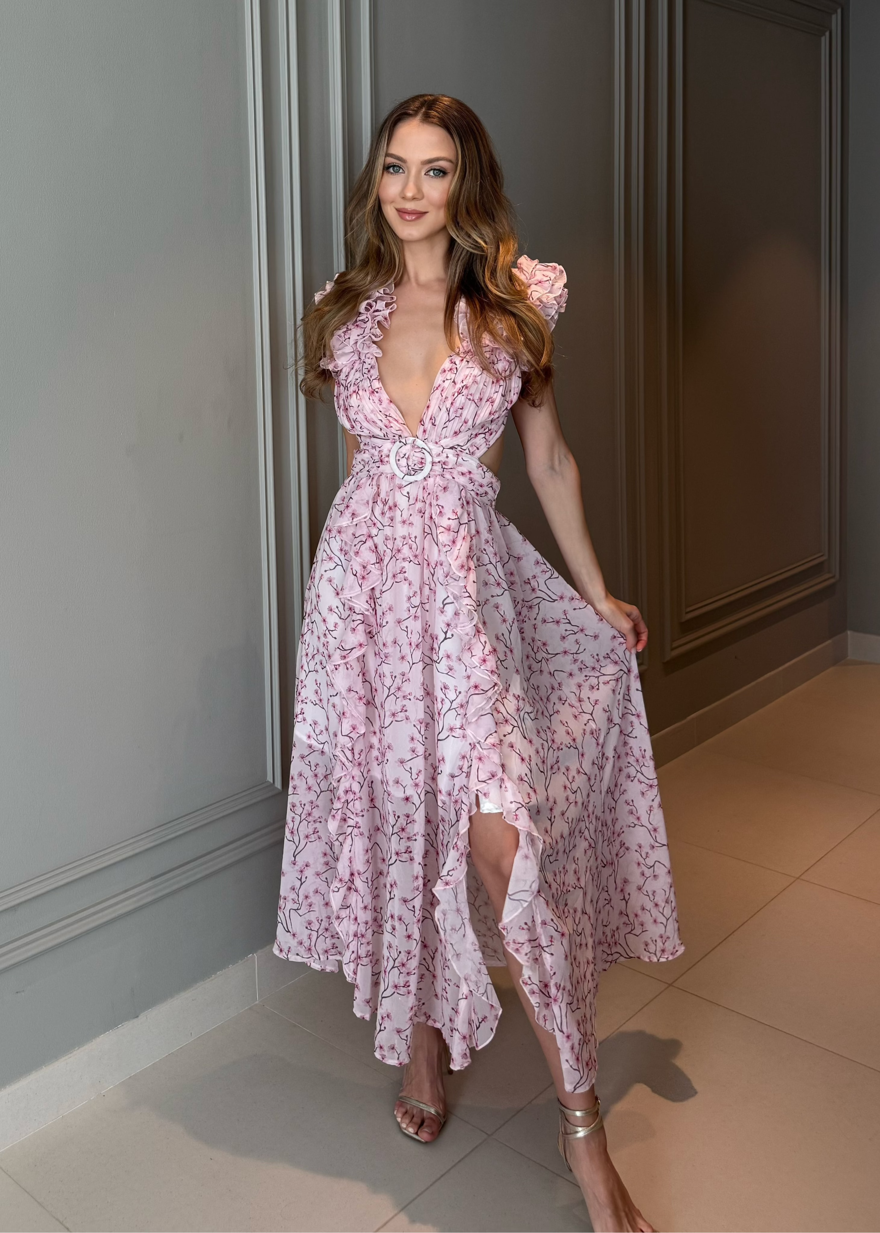 Pink - Valentina Cut Out Ruffle Floral Dress SunsetFashionLA Pink - Valentina Cut Out Ruffle Floral Dress SunsetFashionLA