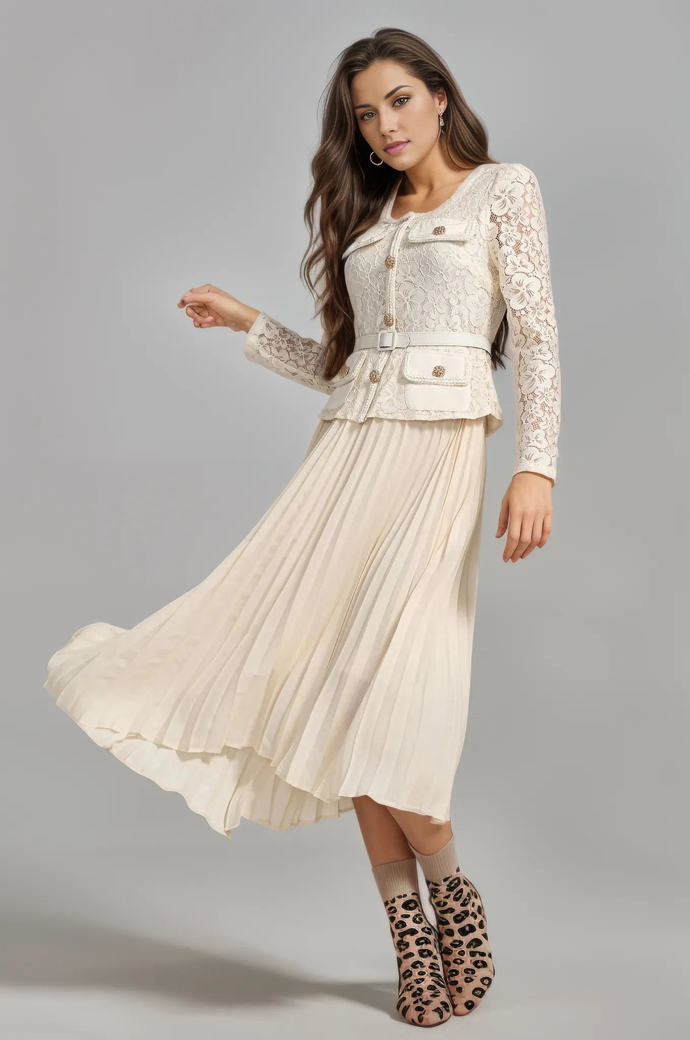 Beige - Magdalena Lace Patchwork Chiffon Pleated Dress Beige - Magdalena Lace Patchwork Chiffon Pleated Dress