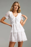 Maurine Mini White Lace Rhinestone Buttons Dress