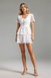 Maurine Mini White Lace Rhinestone Buttons Dress