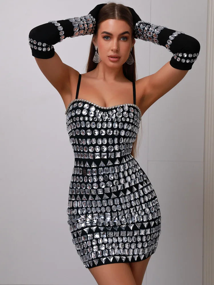 Black - Isolde Rhinestone Bandage Dress with Gloves Glamorous & Sparkly SunsetFashionLA Black - Isolde Rhinestone Bandage Dress with Gloves Glamorous & Sparkly SunsetFashionLA
