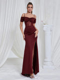 Maricia Off Shoulder Mesh Patchwork Burgundy Gown Dress