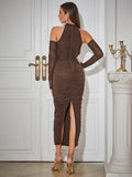 Trixie Mesh Ruched Sequin Long Sleeve Maxi Dress With Gloves