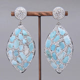 Natural Blue Larimar Silver Color Rhinestone Pave Dangle Earrings