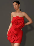 Orenda Strapless Red Flower Applique Dress