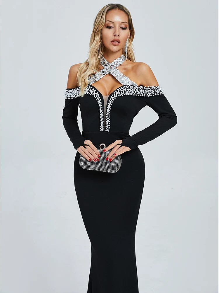 Black - Angela Mermaid Off-Shoulder Long Sleeves Embellished Gown Dress SunsetFashionLA Black - Angela Mermaid Off-Shoulder Long Sleeves Embellished Gown Dress SunsetFashionLA