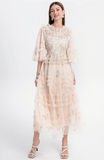 Almy Long Sleeve Flower Embroidery Mesh Ruffled Dress