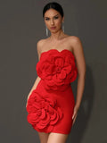 Orenda Strapless Red Flower Applique Dress