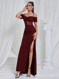 Maricia Off Shoulder Mesh Patchwork Burgundy Gown Dress