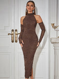 Trixie Mesh Ruched Sequin Long Sleeve Maxi Dress With Gloves