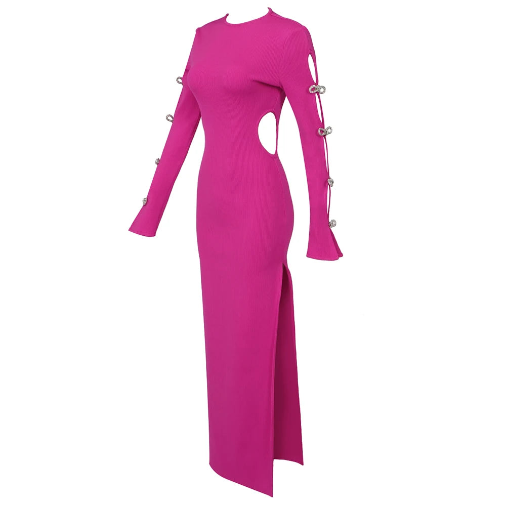 pink cut out dress long sleeve Hot Pink Sequins Bow Bust Long Sleeves Cut-Out Homecoming Dress Hot Pink / Custom Size