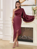 Rosalie One Shoulder Fringe Hem Satin Dress