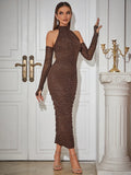 Trixie Mesh Ruched Sequin Long Sleeve Maxi Dress With Gloves