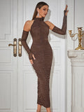 Trixie Mesh Ruched Sequin Long Sleeve Maxi Dress With Gloves