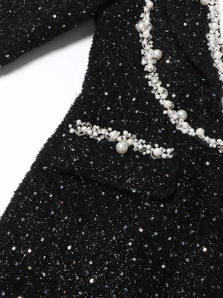 Black - Estella Tweed Long Sleeve Patchwork Pearls and Rhinestones Dress SunsetFashionLA Black - Estella Tweed Long Sleeve Patchwork Pearls and Rhinestones Dress SunsetFashionLA