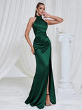 Giovanna Halter Satin High Slit Gown Dress